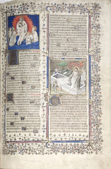 The Gotha Missal:  Fol. 1r, Trinity and Resurrection , c. 1375. And workshop Master of the Boqueteaux (French). Ink, tempera, and gold on vellum; blind-tooled leather binding; codex: 27.1 x 19.5 cm (10 11/16 x 7 11/16 in.).