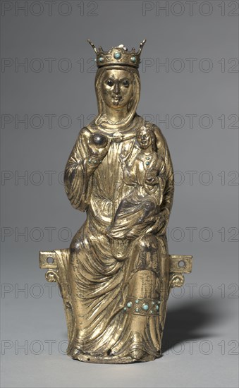 Enthroned Virgin and Child, 1225-1250. France, Limousin, Limoges, Gothic period, 13th century. Copper: repoussé, gilded, engraved, chased; black glass beads; light turquoise enameled pearls; overall: 21.9 x 10.6 x 3.8 cm (8 5/8 x 4 3/16 x 1 1/2 in.).