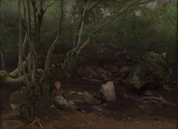 Lormes:  Goat-Girl Sitting Beside a Stream in a Forest, 1842. Jean Baptiste Camille Corot (French, 1796-1875). Oil on fabric; unframed: 52.3 x 70.3 cm (20 9/16 x 27 11/16 in.)