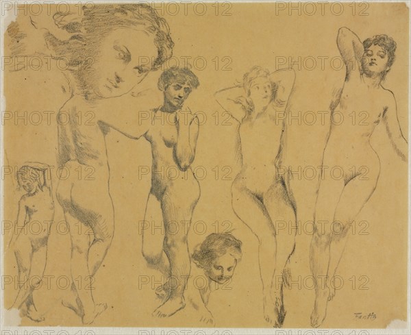 Studies of Female Nudes, c. 1895. Henri Fantin-Latour (French, 1836-1904). Black crayon; sheet: 21.7 x 27.1 cm (8 9/16 x 10 11/16 in.); secondary support: 23.9 x 29.3 cm (9 7/16 x 11 9/16 in.).