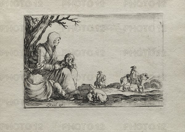 Caprices:  Seated Beggar Woman with Two Children. Stefano Della Bella (Italian, 1610-1664). Etching
