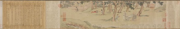 Zhao Mengfu Writing the Heart (Hridaya) Sutra in Exchange for Tea, 1542-43. Qiu Ying (Chinese, 1494-1552). Handscroll, ink and light color on paper; image: 20.6 x 78.3 cm (8 1/8 x 30 13/16 in.); overall: 21.1 x 553.6 cm (8 5/16 x 217 15/16 in.).