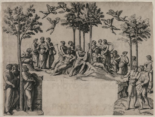 Apollo on Parnassus, c. 1517-1520. Marcantonio Raimondi (Italian, 1470/82-1527/34), after Raphael (Italian, 1483-1520). Engraving; sheet: 35.5 x 46.9 cm (14 x 18 7/16 in.).