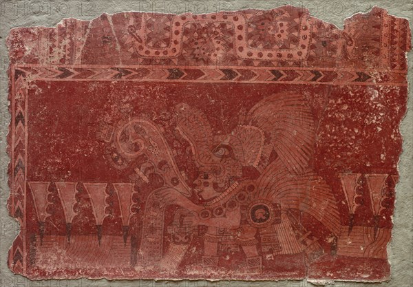 Mural Fragment with Elite Male and Maguey Cactus Leaves, 500-550. Central Mexico, Tlacuilapaxco apartment compound(?), Teotihuacán style, Classic Period. Fresco on wall fragment; overall: 83.2 x 116.2 cm (32 3/4 x 45 3/4 in.).