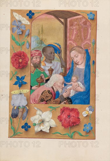 Hours of Queen Isabella the Catholic, Queen of Spain:  Fol. 136v, Adoration of the Magi, c. 1500. And associates Master of the First Prayerbook of Maximillian (Flemish, c. 1444-1519). Ink, tempera, and gold on vellum; codex: 22.5 x 15.2 cm (8 7/8 x 6 in.)