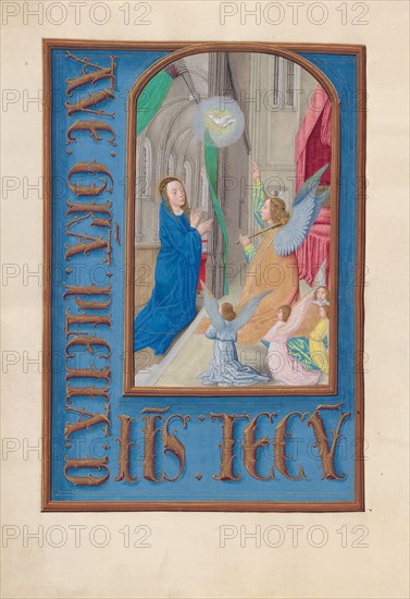 Hours of Queen Isabella the Catholic, Queen of Spain: Fol. 97v, Annunciation, c. 1500. And associates Master of the First Prayerbook of Maximillian (Flemish, c. 1444-1519). Ink, tempera, and gold on vellum; codex: 22.5 x 15.2 cm (8 7/8 x 6 in.)