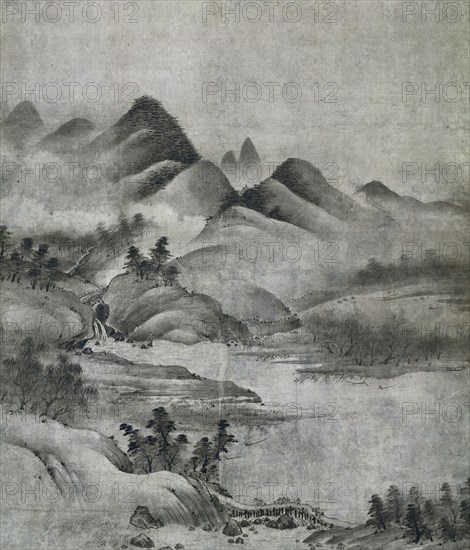 Landscape, 1500-1525. Soami (Japanese, d. 1525). Hanging scroll, ink on paper; image: 128.5 x 111.7 cm (50 9/16 x 44 in.); overall: 253 x 137.8 cm (99 5/8 x 54 1/4 in.).