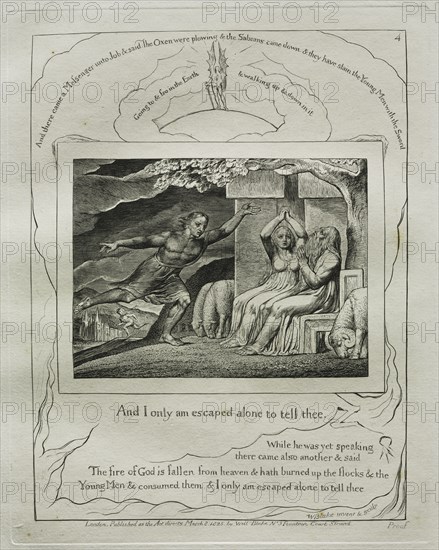 The Book of Job:  Pl. 4, And I only am escaped alone to tell thee, 1825. William Blake (British, 1757-1827). Engraving