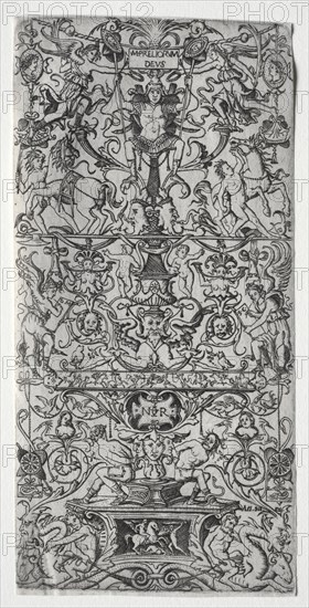 Four Ornament Panels: Ornament Panel: Mars, God of Battles, c. 1507. Nicoletto da Modena (Italian). Engraving; sheet: 26.5 x 12.9 cm (10 7/16 x 5 1/16 in.); platemark: 26.2 x 12.9 cm (10 5/16 x 5 1/16 in.)