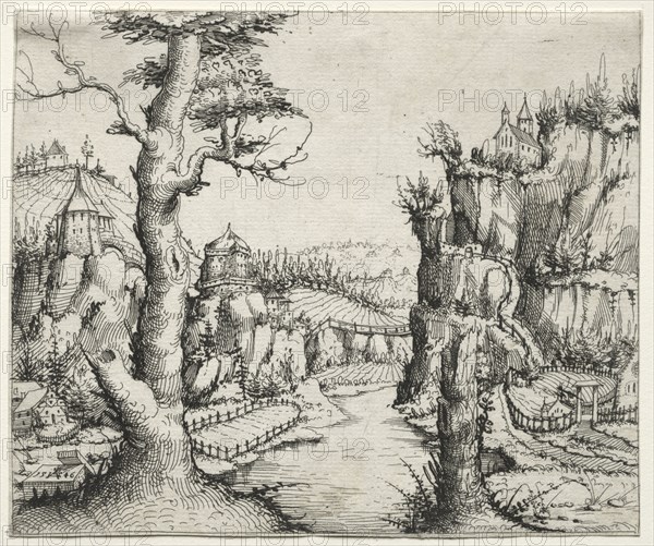 River Landscape with rocks at left ana at right, 1546. Augustin Hirschvogel (German, 1503-1553). Etching