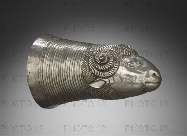 Ram-Head Drinking Vessel, c. 600 BC. Iran, Median, late 7th Century BC. Silver; overall: 30.3 x 19.8 x 18.7 cm (11 15/16 x 7 13/16 x 7 3/8 in.).