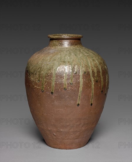 Water Jar:  Ko Tamba ware, mid 1500s. Japan, Hyogo and Kyoto Prefectures, (formerly Tamba Province), Muromachi Period (1392-1573). Stoneware with natural green ash glaze; overall: 44.3 x 34.9 cm (17 7/16 x 13 3/4 in.).