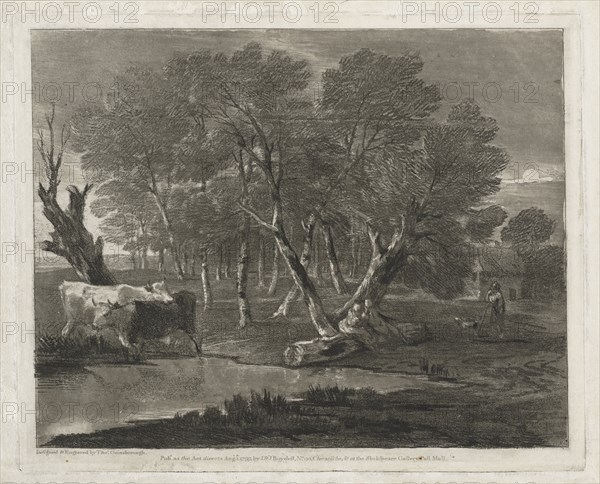 Wooded Landscape with Cows beside a Pool, Figures and Cottage, published in 1797. Thomas Gainsborough (British, 1727-1788). Softground etching and aquatint