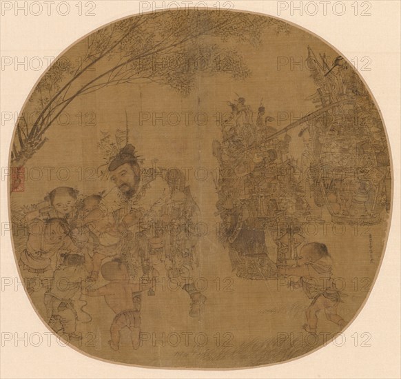 The Knickknack Peddler, 1212. Li Song (Chinese, active c. 1190-c. 1230). Album leaf, ink and color on silk; image: 24.1 x 26 cm (9 1/2 x 10 1/4 in.); with mat: 33.3 x 40.5 cm (13 1/8 x 15 15/16 in.).