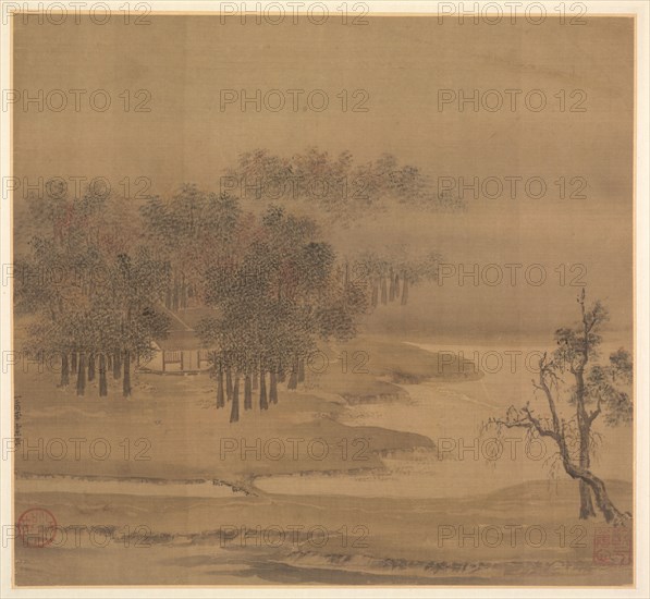 Cottages in a Misty Grove in Autumn, 1117. Li Anzhong (Chinese, active first half of the 1100s). Album leaf, ink and color on silk; overall: 24.2 x 26.3 cm (9 1/2 x 10 3/8 in.).