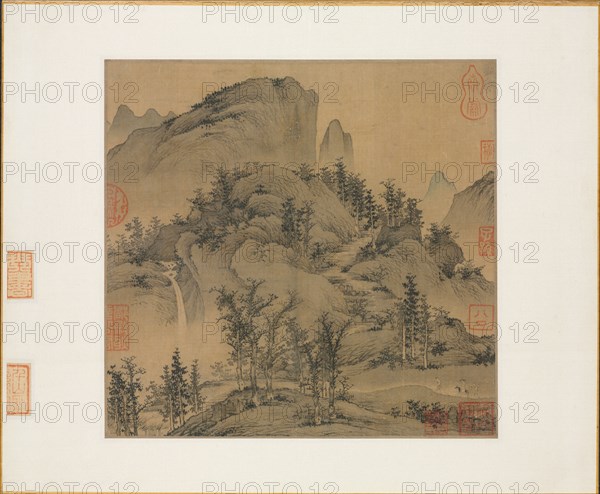 Travelers in Autumn Mountains, 1st half 1300s. Sheng Mou (Chinese, active c. 1310-1350). Album leaf, ink and slight color on silk; image: 24.4 x 26.5 cm (9 5/8 x 10 7/16 in.).