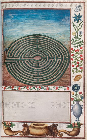 Florilegium: (page 15 recto) maze garden, 1608. France, 17th century. Bound manuscript of 48 leaves, 77 drawings; watercolor, ink, silver and gold over occasional traces of pencil, on vellum; sheet: 31.1 x 20.2 cm (12 1/4 x 7 15/16 in.).