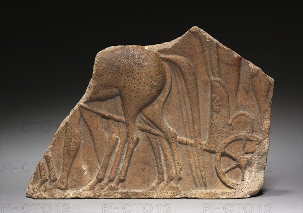 Plaque Fragment of Horses and Chariot, 500-475. Italy, Etruscan, 5th Century BC. Terracotta; overall: 16.1 x 22.3 x 2 cm (6 5/16 x 8 3/4 x 13/16 in.).
