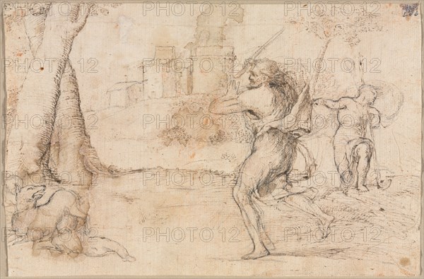 Romulus and Remus Found by Faustulus, c. 1535. Romanino (Italian, 1484/87-1562). Pen and brown ink, with point of brush and brown wash  over black chalk (traces of red chalk and purple wash unrelated to composition); sheet: 16.3 x 24.8 cm (6 7/16 x 9 3/4 in.); secondary support: 23.6 x 31 cm (9 5/16 x 12 3/16 in.).