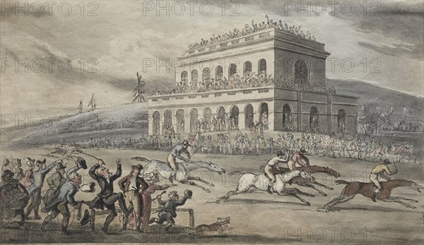 The Rev. Dr. Syntax Loses his Money on the Raceground at York. Thomas Rowlandson (British, 1756-1827). Etching, hand colored