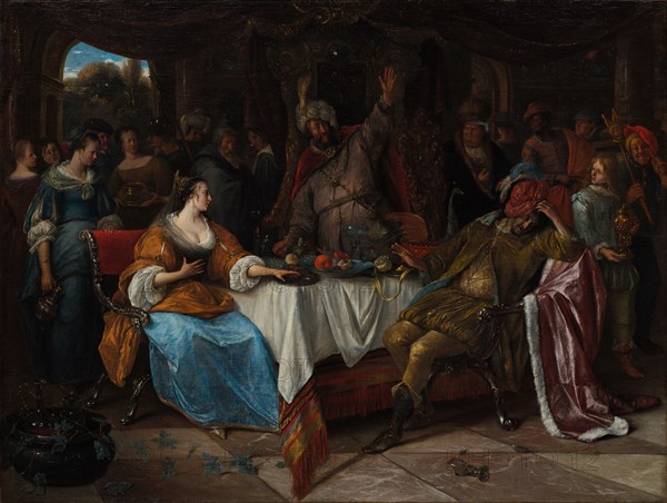 Esther, Ahasuerus, and Haman, c. 1668. Jan Steen (Dutch, 1626-1679). Oil on canvas; framed: 96.5 x 119.5 x 11 cm (38 x 47 1/16 x 4 5/16 in.); unframed: 70 x 93 cm (27 9/16 x 36 5/8 in.).