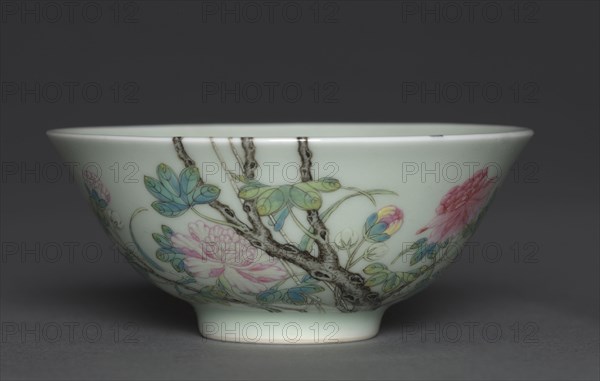 Bowl with Bamboo, Tree Peony, and Swallow, 1723-1735. China, Jiangxi province, Jingdezhen, Qing dynasty (1644-1912), Yongzheng mark and reign (1723-1735). Porcelain with famille rose overglaze enamel decoration and celadon glaze; diameter: 11.8 cm (4 5/8 in.).