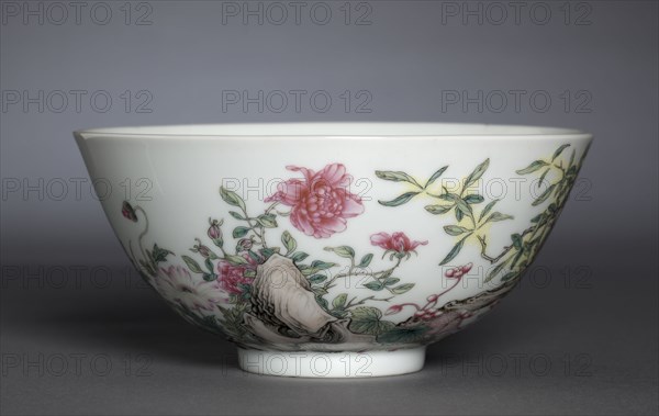 Bowl with Poppies, Tree Peony, and Flowering Mimosa, 1723-35. China, Jiangxi province, Jingdezhen, Qing dynasty (1644-1911), Yongzheng mark and reign (1723-1735). Porcelain with famille rose overglaze enamel decoration; diameter: 14.1 cm (5 9/16 in.); overall: 6.6 cm (2 5/8 in.).