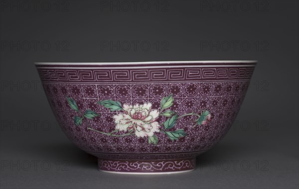 Bowl with Peony Sprays on Diaper Ground (exterior); Chrysanthemum Sprays (interior), 1736-1795. China, Jiangxi province, Jingdezhen, Qing dynasty (1644-1911), Qianlong mark and reign (1736-1795). Porcelain with famille rose overglaze enamel decoration; diameter: 15.5 cm (6 1/8 in.); overall: 7.6 cm (3 in.).