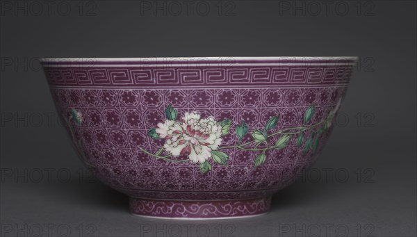 Bowl with Peony Sprays on Diaper Ground (exterior); Chrysanthemum Sprays (interior), 1736-1795. China, Jiangxi province, Jingdezhen, Qing dynasty (1644-1911), Qianlong mark and reign (1736-1795). Porcelain with famille rose overglaze enamel decoration; diameter: 15.5 cm (6 1/8 in.); overall: 7.6 cm (3 in.).