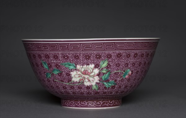 Pair of Bowls with Peony Sprays on Diaper Ground (exterior); Chrysanthemum Sprays (interior), 1736-1795. China, Jiangxi province, Jingdezhen, Qing dynasty (1644-1911), Qianlong mark and reign (1736-1795). Porcelain with famille rose overglaze enamel decoration; diameter: 15.5 cm (6 1/8 in.); overall: 7.6 cm (3 in.).