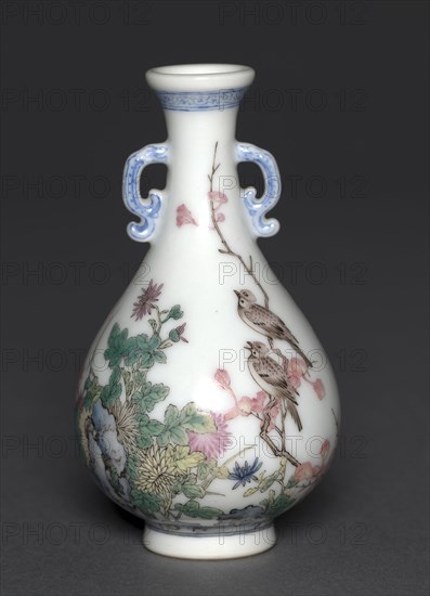 Miniature Vase with Birds and Chrysanthemums, 1736-1795. China, Jiangxi province, Jingdezhen kilns, Qing dynasty (1644-1912), Qianlong mark and reign (1735-1795). Porcelain with famille rose overglaze enamel decoration; diameter of mouth: 2.1 cm (13/16 in.); overall: 9.5 cm (3 3/4 in.).