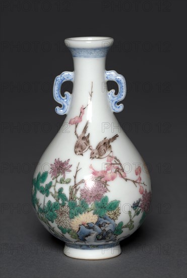 Pair of Miniature Vases with Birds and Chrysanthemums, 1736-1795. China, Jiangxi province, Jingdezhen kilns, Qing dynasty (1644-1912), Qianlong mark and reign (1735-1795). Porcelain with famille rose overglaze enamel decoration; diameter of mouth: 2.1 cm (13/16 in.); overall: 9.5 cm (3 3/4 in.).