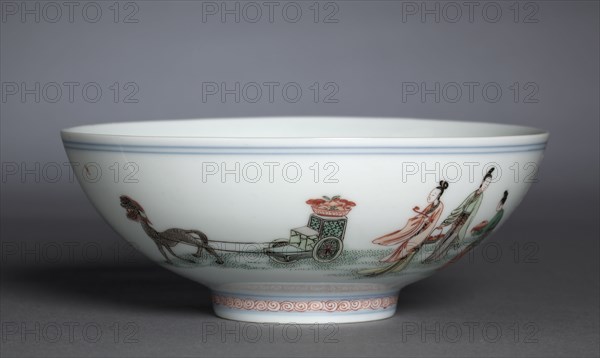 Bowl with Xiwangmu and Attendants, 1662-1722. China, Jiangxi province, Jingdezhen, Qing dynasty (1644-1911), Chenghua mark (1465-1487) but Kangxi period (1662-1722). Porcelain with famille verte overglaze enamel decoration; diameter: 14.4 cm (5 11/16 in.); overall: 17.8 cm (7 in.).
