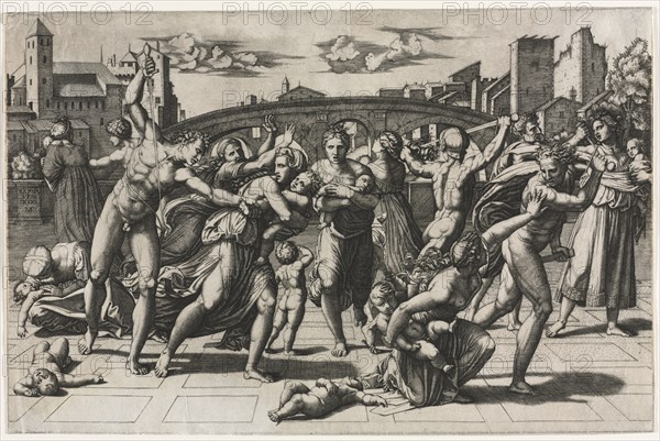 The Massacre of the Innocents (Without the Fir Tree), c. 1513-1515. Marcantonio Raimondi (Italian, 1470/82-1527/34), after Raphael (Italian, 1483-1520). Engraving