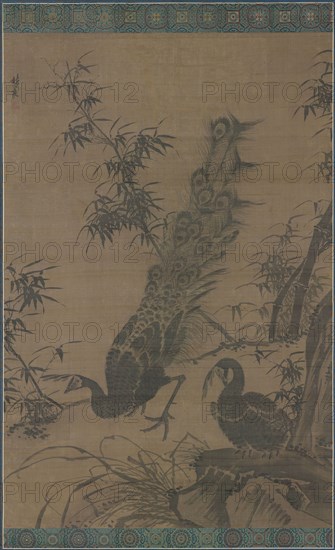A Pair of Peafowl, late 1400s-early 1500s. Lin Liang (Chinese, 1416-1480). Hanging scroll, ink on silk; painting: 160 x 106 cm (63 x 41 3/4 in.); overall: 256.5 x 126 cm (101 x 49 5/8 in.).