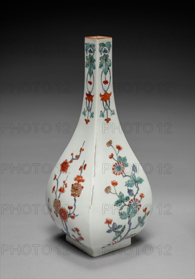 Bottle Vase with Plum and Chrysanthemum Decoration: In Kakiemon Style, late 17th century. Japan, Edo Period (1615-1868). Porcelain with overglaze enamel and gold decoration; overall: 21.5 x 9.2 cm (8 7/16 x 3 5/8 in.).