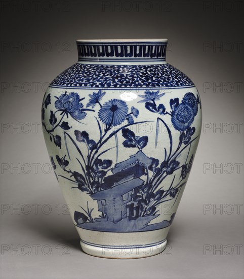 Large Jar with Peonies and Chrysanthemums, late 17th century. Japan, Edo Period (1615-1868). Imari ware porcelain with underglaze blue decoration; diameter: 30.5 cm (12 in.); height: 40.1 cm (15 13/16 in.).