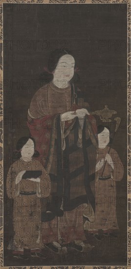 Shotoku Taishi and His Sons, 1300s. Japan, Kamakura period (1185-1333). Hanging scroll; ink and color on silk; image: 121.9 x 57.5 cm (48 x 22 5/8 in.); overall: 207.3 x 83.2 cm (81 5/8 x 32 3/4 in.).