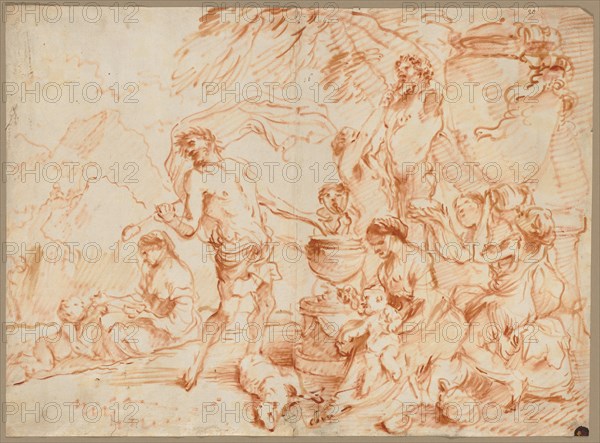 Bacchanal Before a Herm, early 1660s. Giovanni Benedetto Castiglione (Italian, 1609-1664). Oil and red-brown pigment; sheet: 41.2 x 55.7 cm (16 1/4 x 21 15/16 in.).