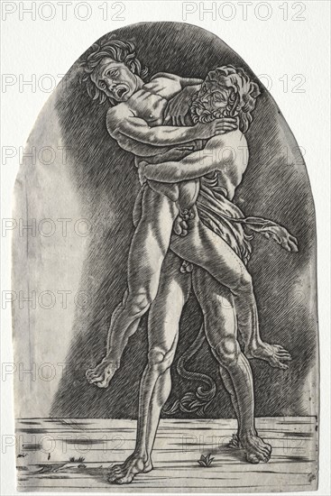 Hercules and Antaeus, c.1510. Master of the Year 1515 (Italian), probably by Agostino Busti (Italian, 1483-1548), after Andrea Mantegna (Italian, 1431-1506). Engraving; platemark: 25.3 x 16.2 cm (9 15/16 x 6 3/8 in.)