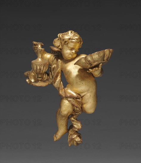 Altarpiece with Relics - Putto with Ewer, upper left, c. 1735-1740. And workshop Joseph Matthias Götz (German, 1696-1760). Gilded wood, with relics in niches: gilded wood, mother-of-pearl, ebony, red silk, gold wire, seed pearls, rock crystal, pen and ink on paper