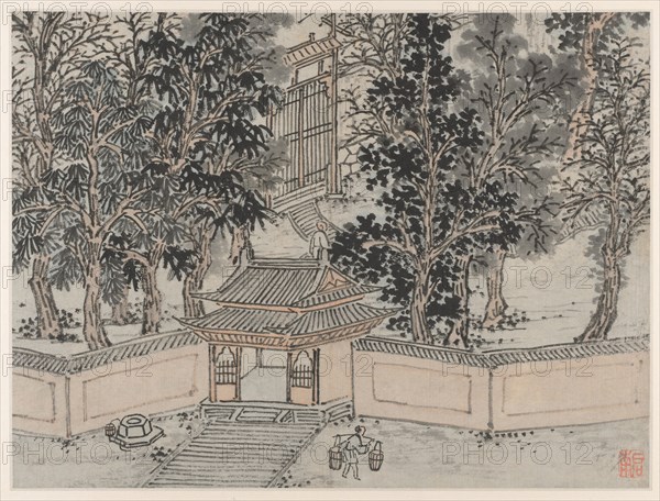 Twelve Views of Tiger Hill, Suzhou: Tiger-Flight Spring at the Back Gate, after 1490. Shen Zhou (Chinese, 1427-1509). Album leaf, ink on paper or ink and slight color on paper; image: 30.8 x 41.1 cm (12 1/8 x 16 3/16 in.); overall: 36.5 x 49.9 cm (14 3/8 x 19 5/8 in.).