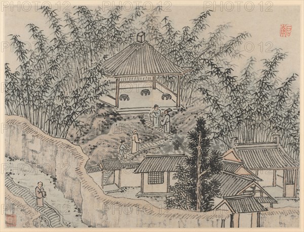 Twelve Views of Tiger Hill, Suzhou: Bamboo Pavilion, Tiger Hill, after 1490. Shen Zhou (Chinese, 1427-1509). Album leaf, ink on paper or ink and slight color on paper; image: 31.1 x 41.3 cm (12 1/4 x 16 1/4 in.); overall: 36.5 x 49.9 cm (14 3/8 x 19 5/8 in.).