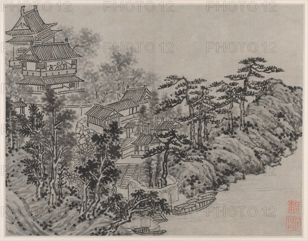 Twelve Views of Tiger Hill, Suzhou: Cloud-Climbing Pavilion, after 1490. Shen Zhou (Chinese, 1427-1509). Album leaf, ink on paper or ink and slight color on paper; image: 31.6 x 40.5 cm (12 7/16 x 15 15/16 in.); overall: 36.5 x 49.9 cm (14 3/8 x 19 5/8 in.).