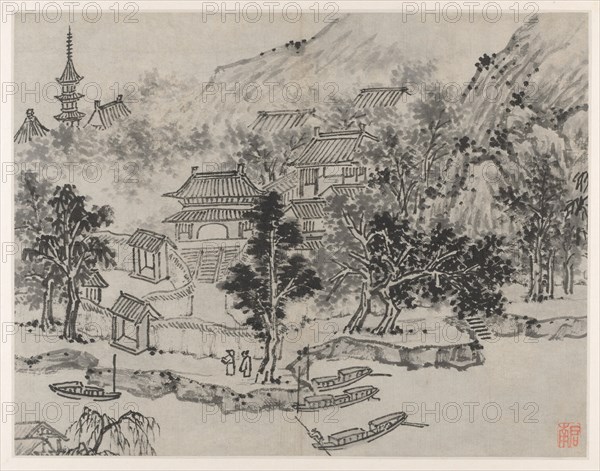 Twelve Views of Tiger Hill, Suzhou: Distant View of Tiger Hill from the Canal Mooring, after 1490. Shen Zhou (Chinese, 1427-1509). Album leaf, ink on paper or ink and slight color on paper; image: 31.5 x 40.6 cm (12 3/8 x 16 in.); overall: 36.5 x 49.9 cm (14 3/8 x 19 5/8 in.).