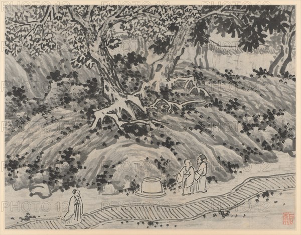 Twelve Views of Tiger Hill, Suchou: The Fool's Spring, after 1490. Shen Zhou (Chinese, 1427-1509). Album leaf, ink on paper or ink and slight color on paper; image: 31.7 x 41.1 cm (12 1/2 x 16 3/16 in.); overall: 36.5 x 49.9 cm (14 3/8 x 19 5/8 in.).