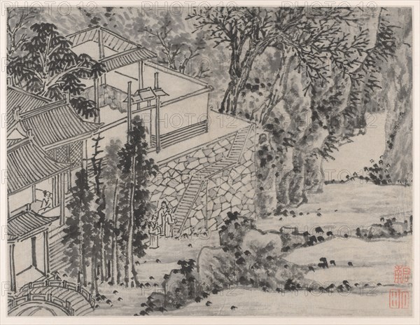Twelve Views of Tiger Hill, Suzhou: The Enlightened Stone Retreat, after 1490. Shen Zhou (Chinese, 1427-1509). Album leaf, ink on paper or ink and slight color on paper; image: 31.2 x 40.8 cm (12 5/16 x 16 1/16 in.); overall: 36.5 x 49.9 cm (14 3/8 x 19 5/8 in.).