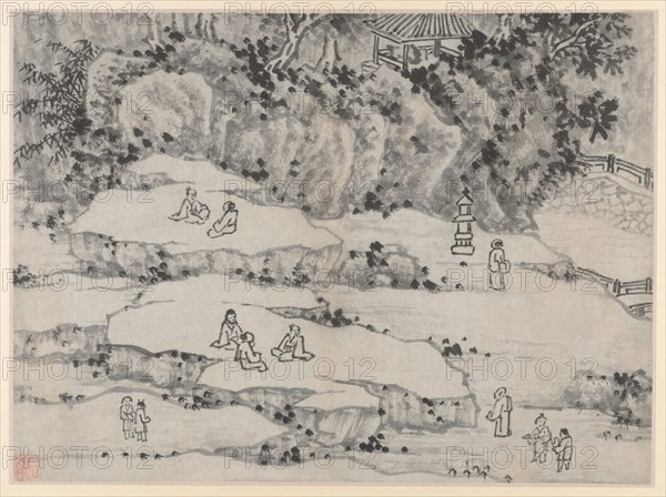 Twelve Views of Tiger Hill, Suzhou: The Nodding Stone Terrace, Tiger Hill, and the Thousand-Man Seat, after 1490. Shen Zhou (Chinese, 1427-1509). Album leaf, ink on paper or ink and slight color on paper; image: 31.2 x 42.3 cm (12 5/16 x 16 5/8 in.); overall: 36.5 x 49.9 cm (14 3/8 x 19 5/8 in.).