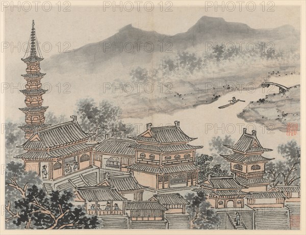 Twelve Views of Tiger Hill, Suzhou: The Thousand Buddha Hall and the Pagoda of the "Cloudy Cliff" Monastery, after 1490. Shen Zhou (Chinese, 1427-1509). Album leaf, ink on paper or ink and slight color on paper; image: 31.1 x 41 cm (12 1/4 x 16 1/8 in.); overall: 36.5 x 49.9 cm (14 3/8 x 19 5/8 in.).