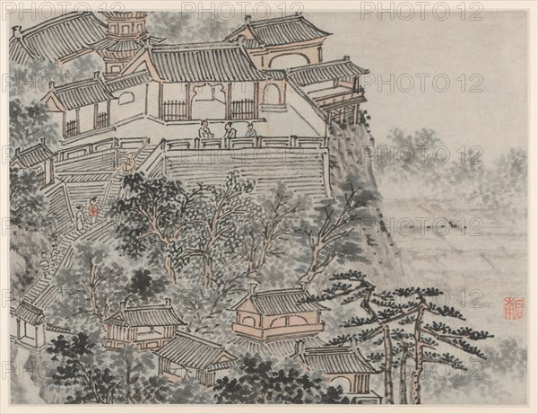 Twelve Views of Tiger Hill, Suzhou: The Five Sages Terrace, after 1490. Shen Zhou (Chinese, 1427-1509). Album leaf, ink on paper or ink and slight color on paper; image: 31.5 x 41.4 cm (12 3/8 x 16 5/16 in.); overall: 36.5 x 49.9 cm (14 3/8 x 19 5/8 in.).
